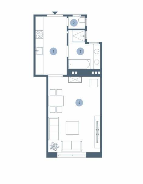 Grundriss einer Wohnung mit offener Küche, Wohnbereich und separatem Schlafzimmer.