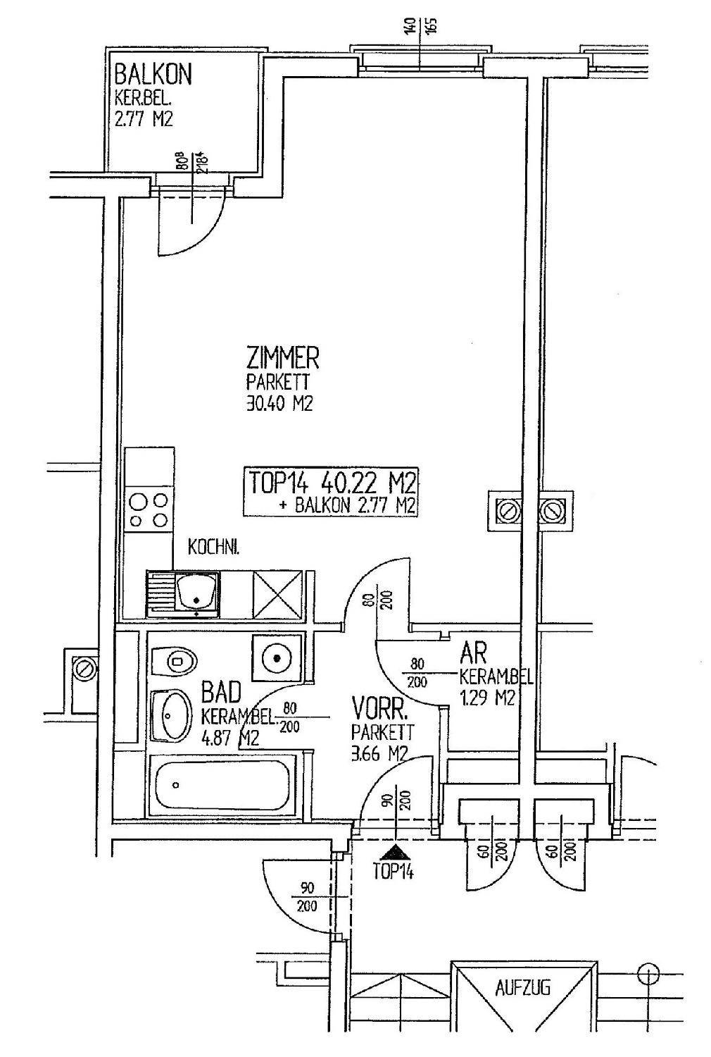 Grundriss einer Wohnung mit Zimmer, Küche, Bad, Vorraum, Abstellraum und Balkon.
