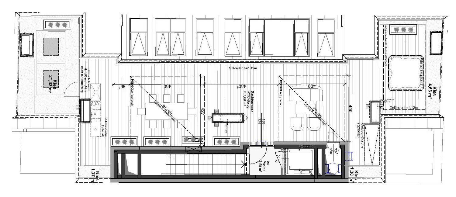 Grundriss einer Dachgeschosswohnung mit offenem Wohnbereich und Dachfenstern.