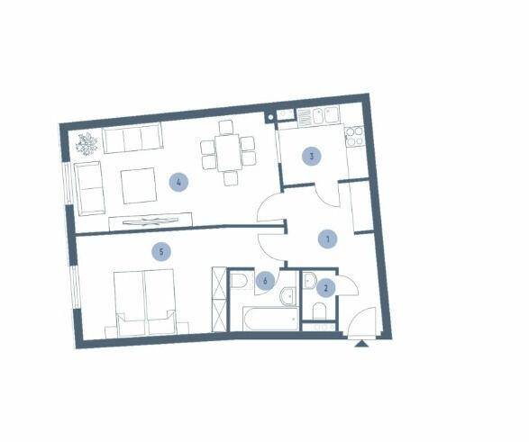 Grundriss einer Wohnung mit Wohnbereich, Schlafzimmer und Badezimmer.