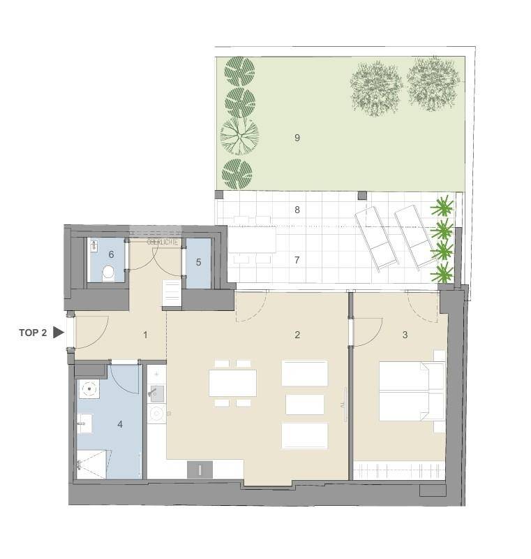 Grundriss der Wohnung Top 2 mit Garten, Terrasse und offenem Wohnbereich.
