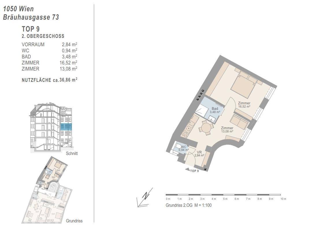 Grundriss der Wohnung Top 9 im 2. Obergeschoss mit Zimmern, Bad und WC.