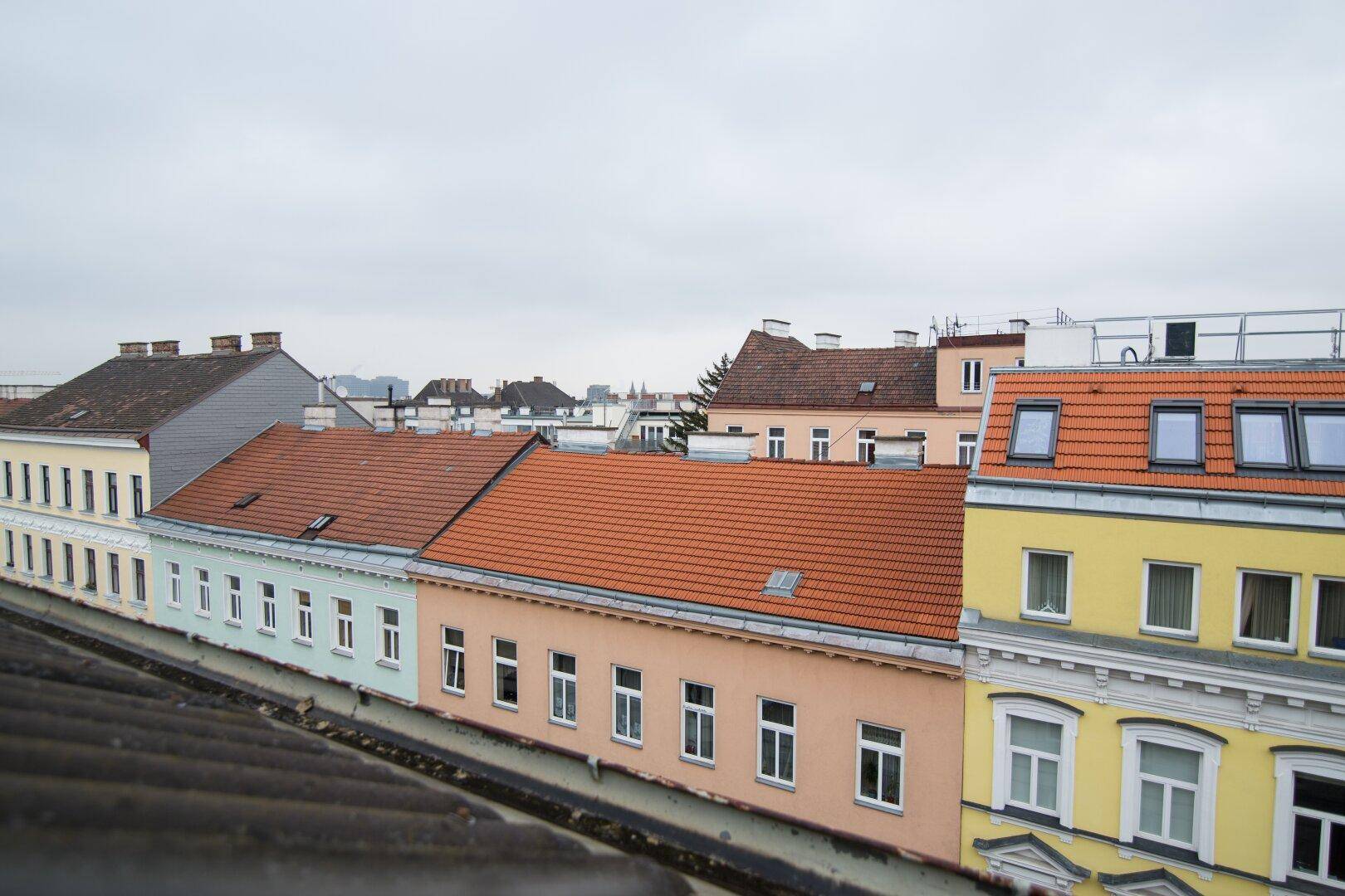 Blick über die Dächer der Stadt mit verschiedenen Gebäuden und Dachformen.