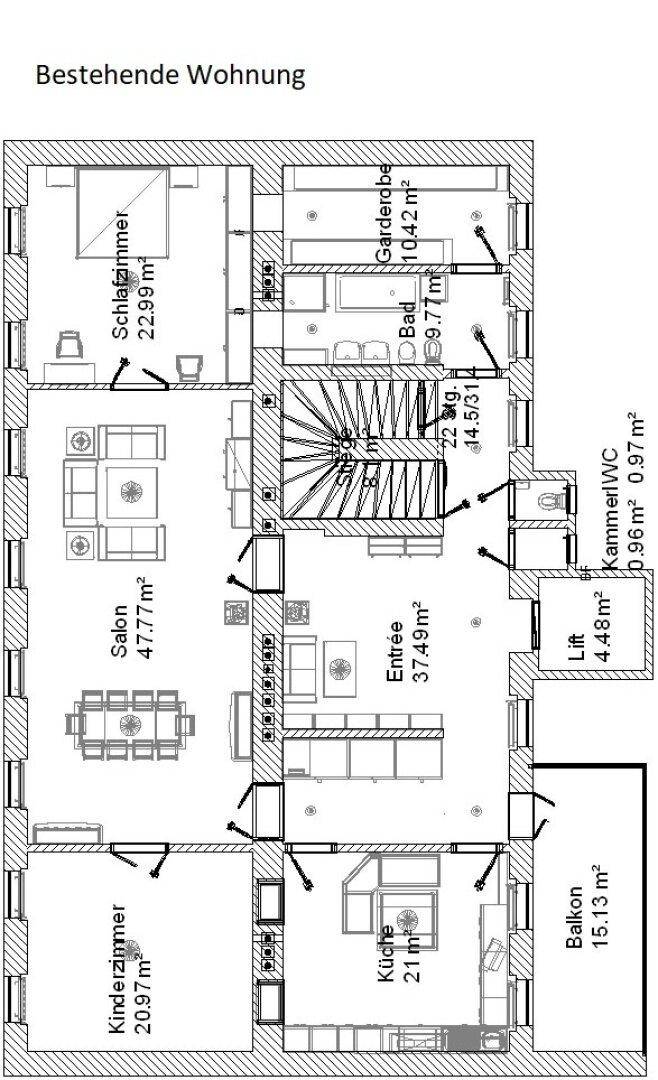 Grundriss einer bestehenden Wohnung mit Schlafzimmer, Salon, Kinderzimmer und Balkon.