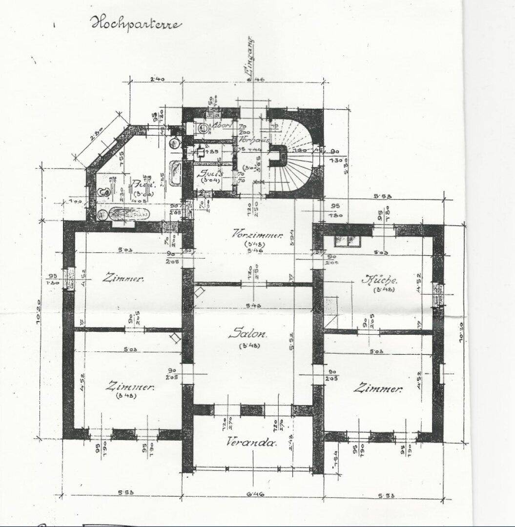 Historischer Grundriss des Hochparterres mit Salon, Zimmern und Veranda.