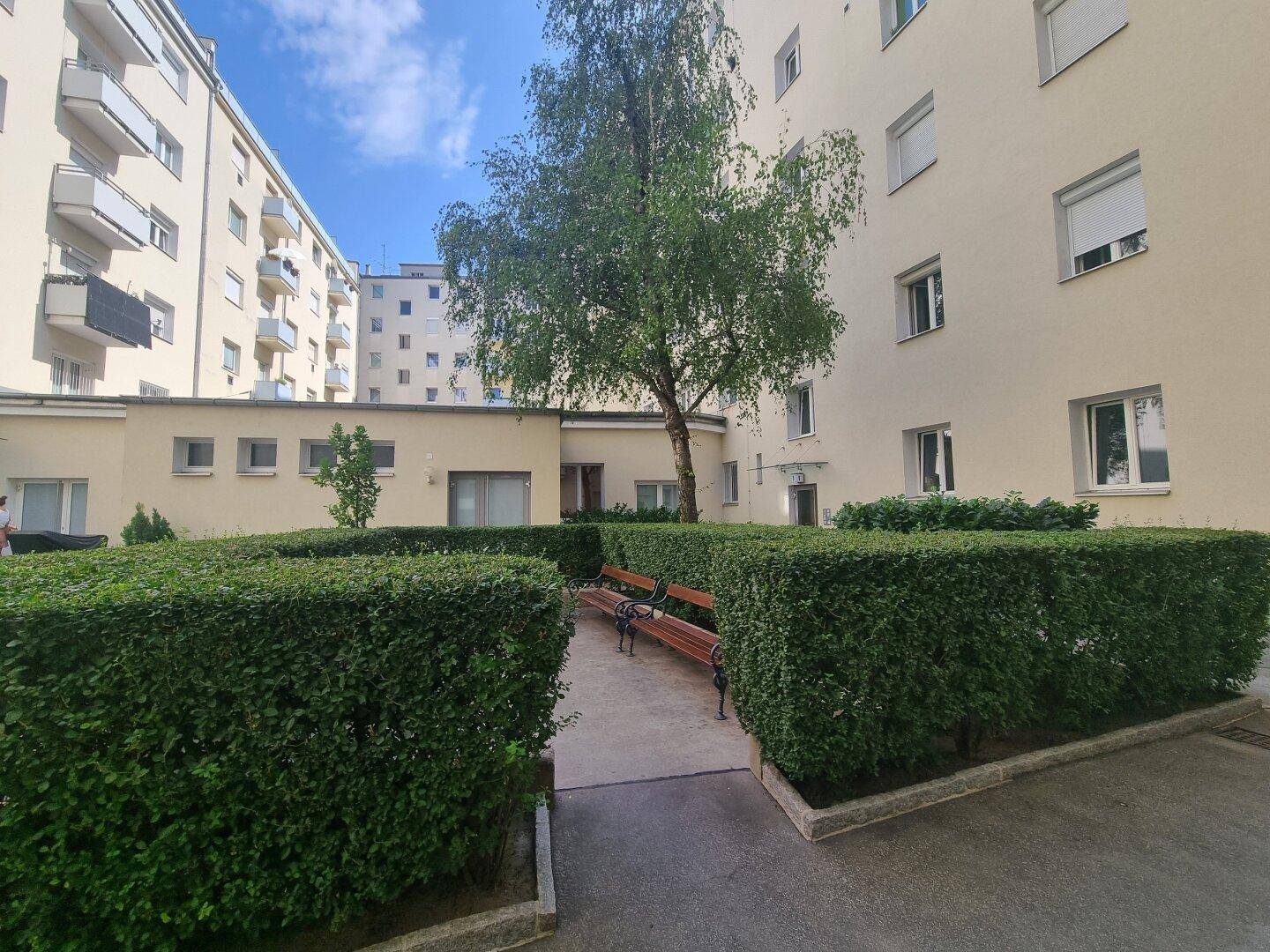 Gepflegter Gemeinschaftsgarten im Innenhof mit Hecken, Bänken und einem Baum.