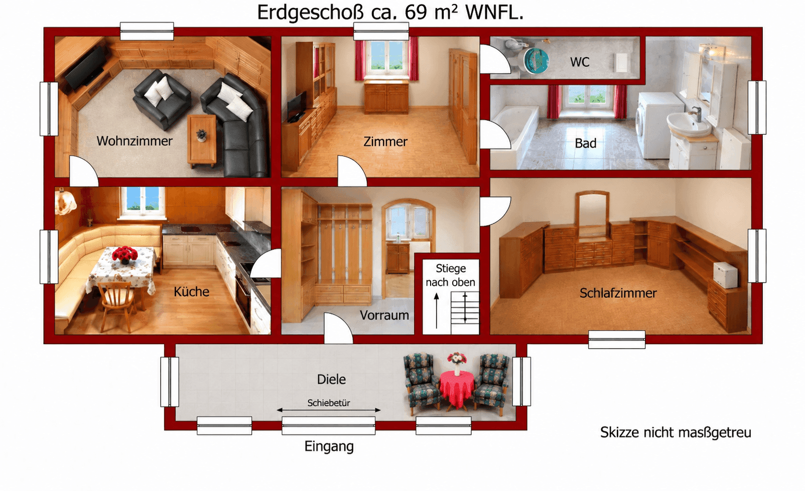 Kombinierter Grundriss des Erdgeschosses mit eingebetteten Fotos von Wohnzimmer, Küche und Schlafzimmer.