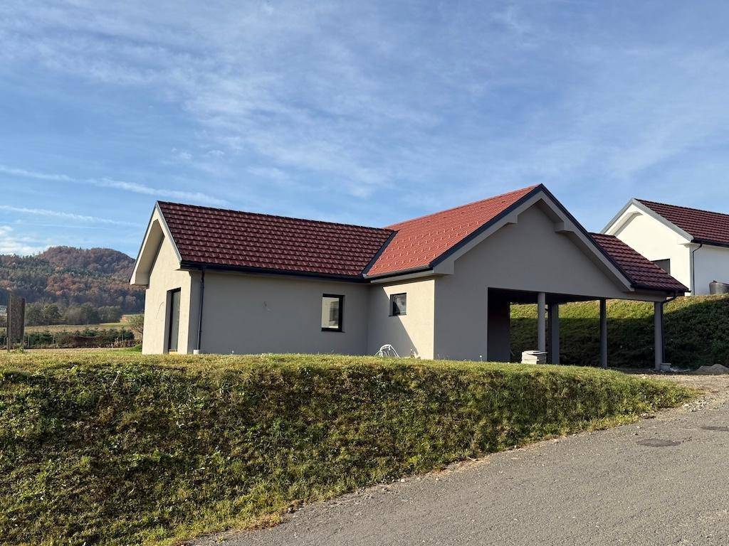 Seitenansicht des Neubaus mit Carport und rotem Ziegeldach, gelegen an einer kleinen Straße.