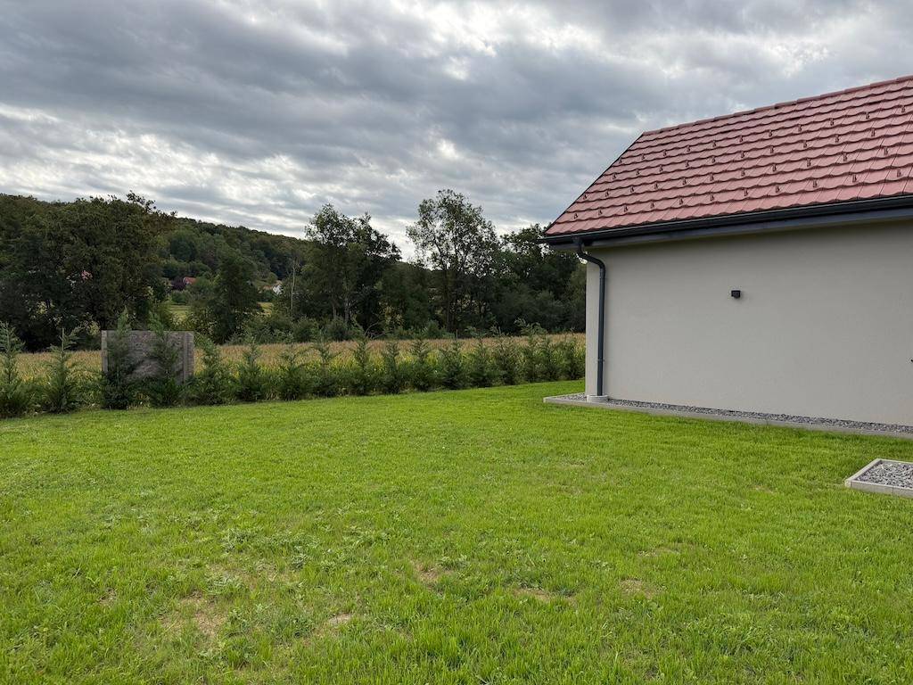 Große Rasenfläche des Gartens mit Hecke und Blick auf die umliegende grüne Naturlandschaft.
