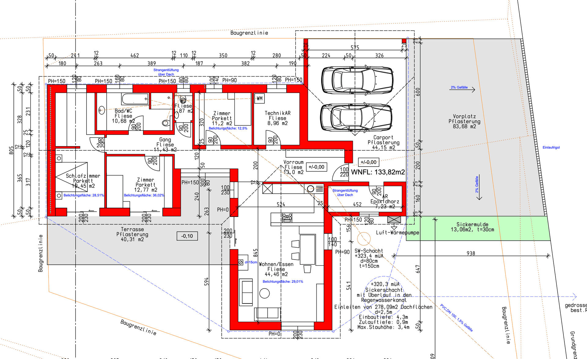 Grundriss eines Einfamilienhauses mit offenem Wohnbereich, drei Schlafzimmern, Terrasse und Carport.