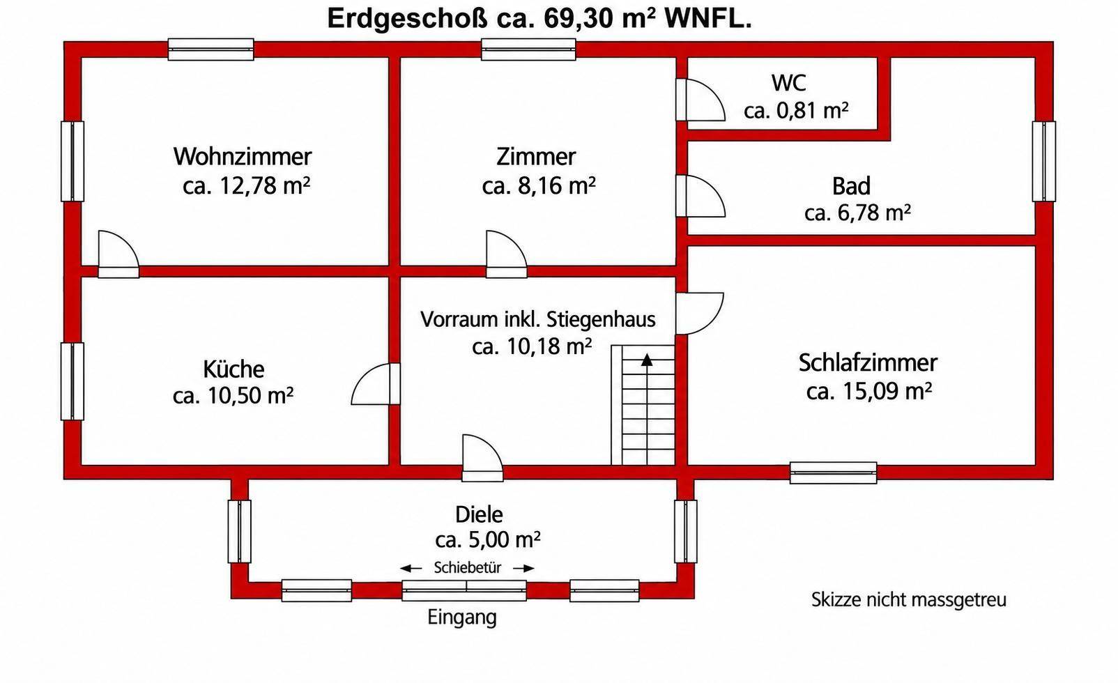 Grundriss des Erdgeschosses mit Wohnzimmer, Küche, Schlafzimmer, Bad und separatem WC.