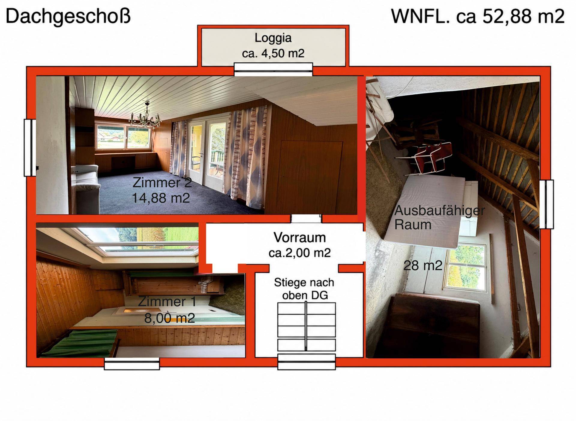 Kombinierter Grundriss des Dachgeschosses mit eingebetteten Fotos der einzelnen Räume zur besseren Vorstellung.