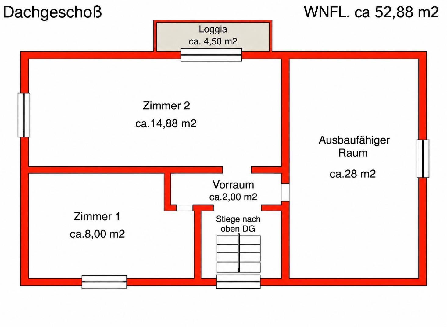 Grundriss des Dachgeschosses mit zwei Zimmern, Vorraum und einer Loggia für zusätzlichen Wohnraum.