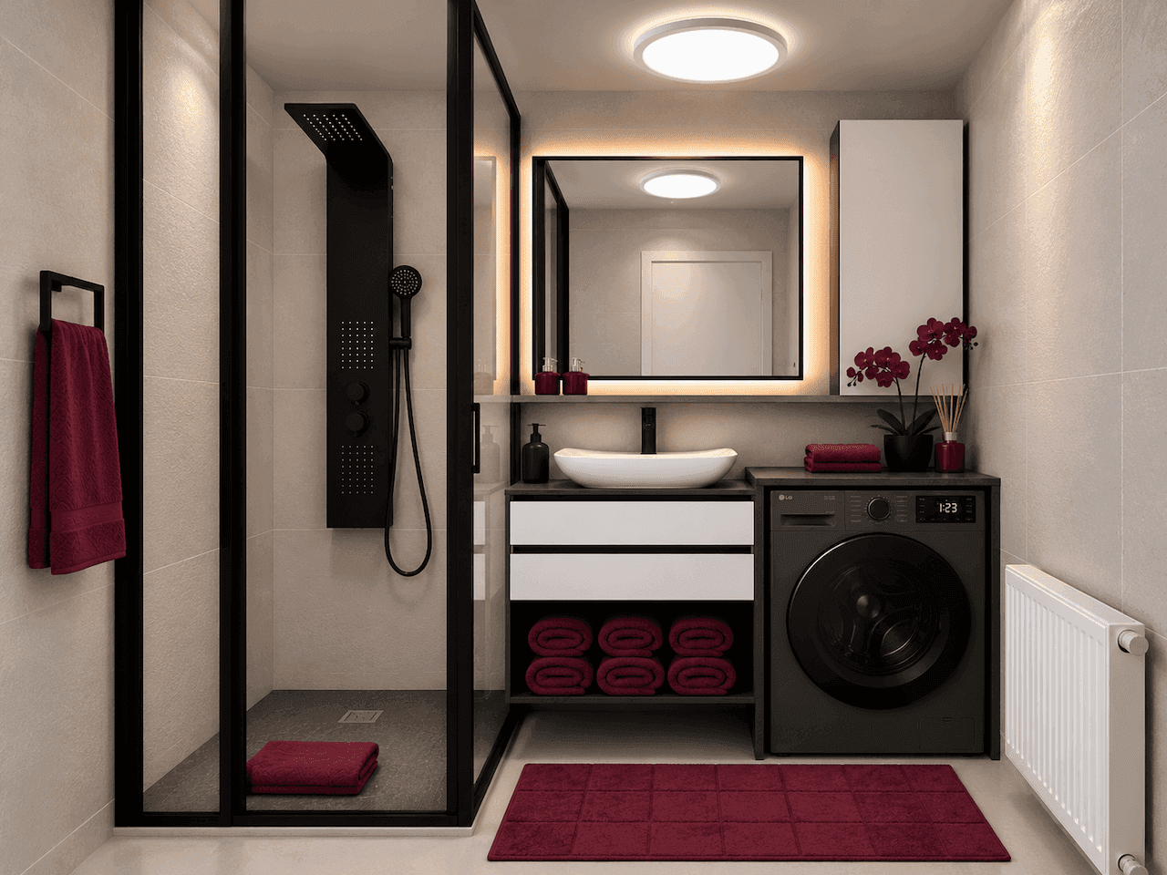 Modernes Badezimmer mit ebenerdiger Dusche, Waschbecken und integrierter Waschmaschine.