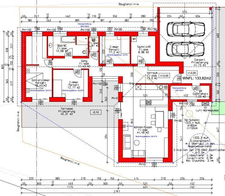 Detaillierter Grundriss des Hauses mit Wohnflächenangaben und Carport-Bereich.