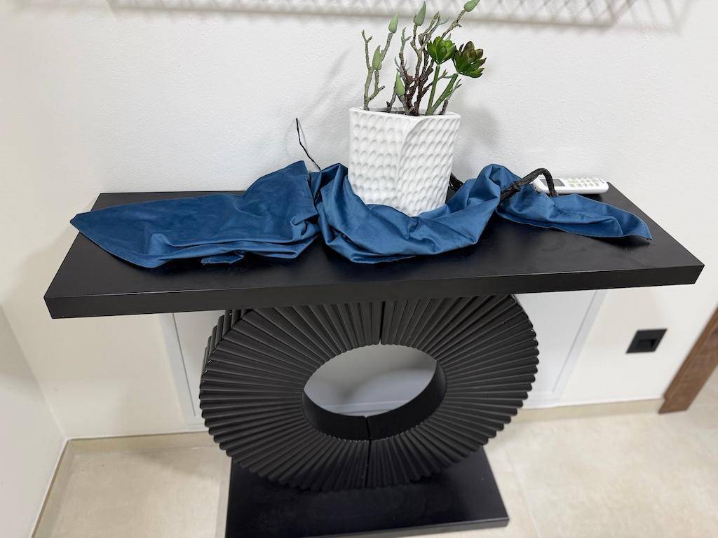 Moderne schwarze Konsole mit einzigartigem Fußdesign, dekoriert mit Pflanzen und blauem Stoff.