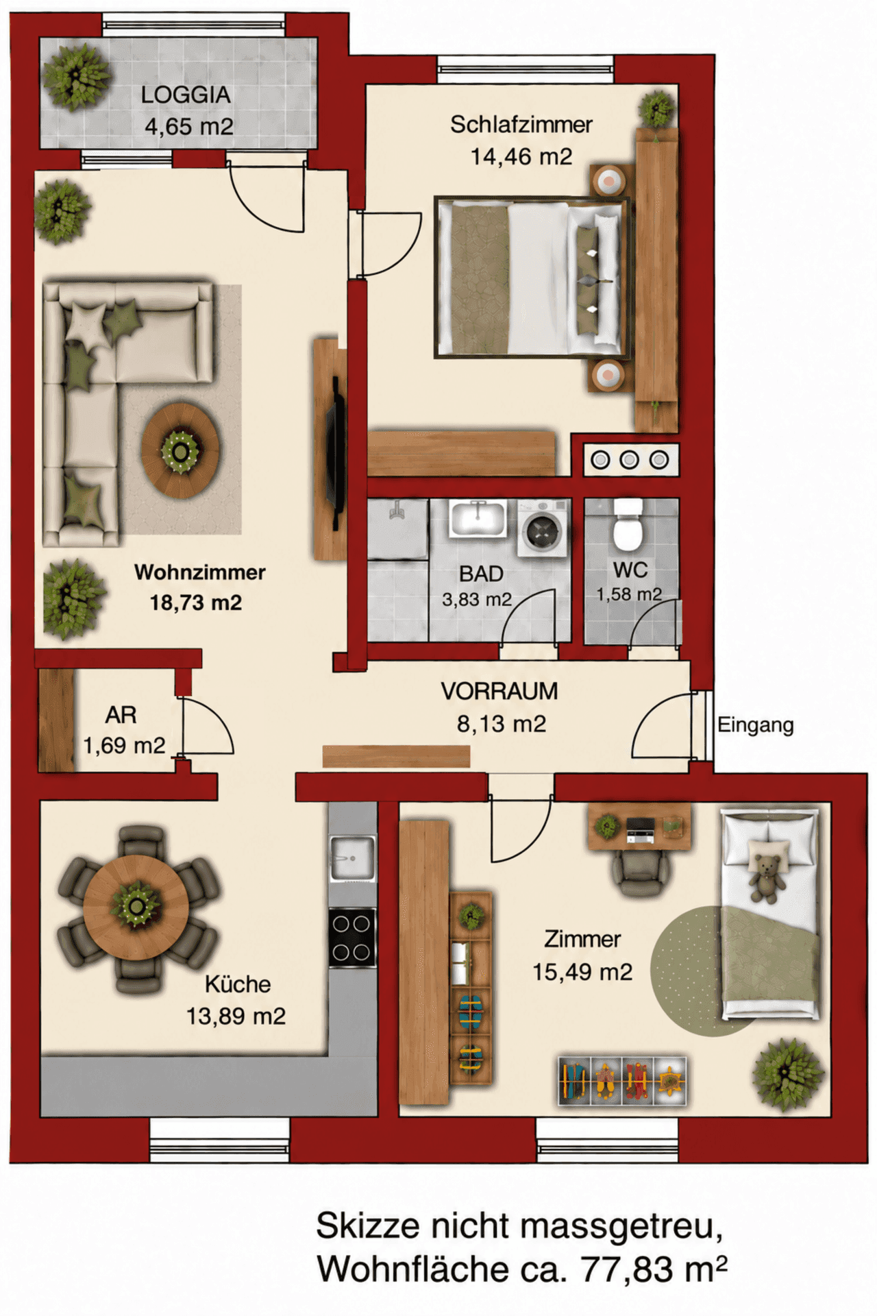Detaillierter Grundriss einer Wohnung mit Loggia, separatem WC und Abstellraum.