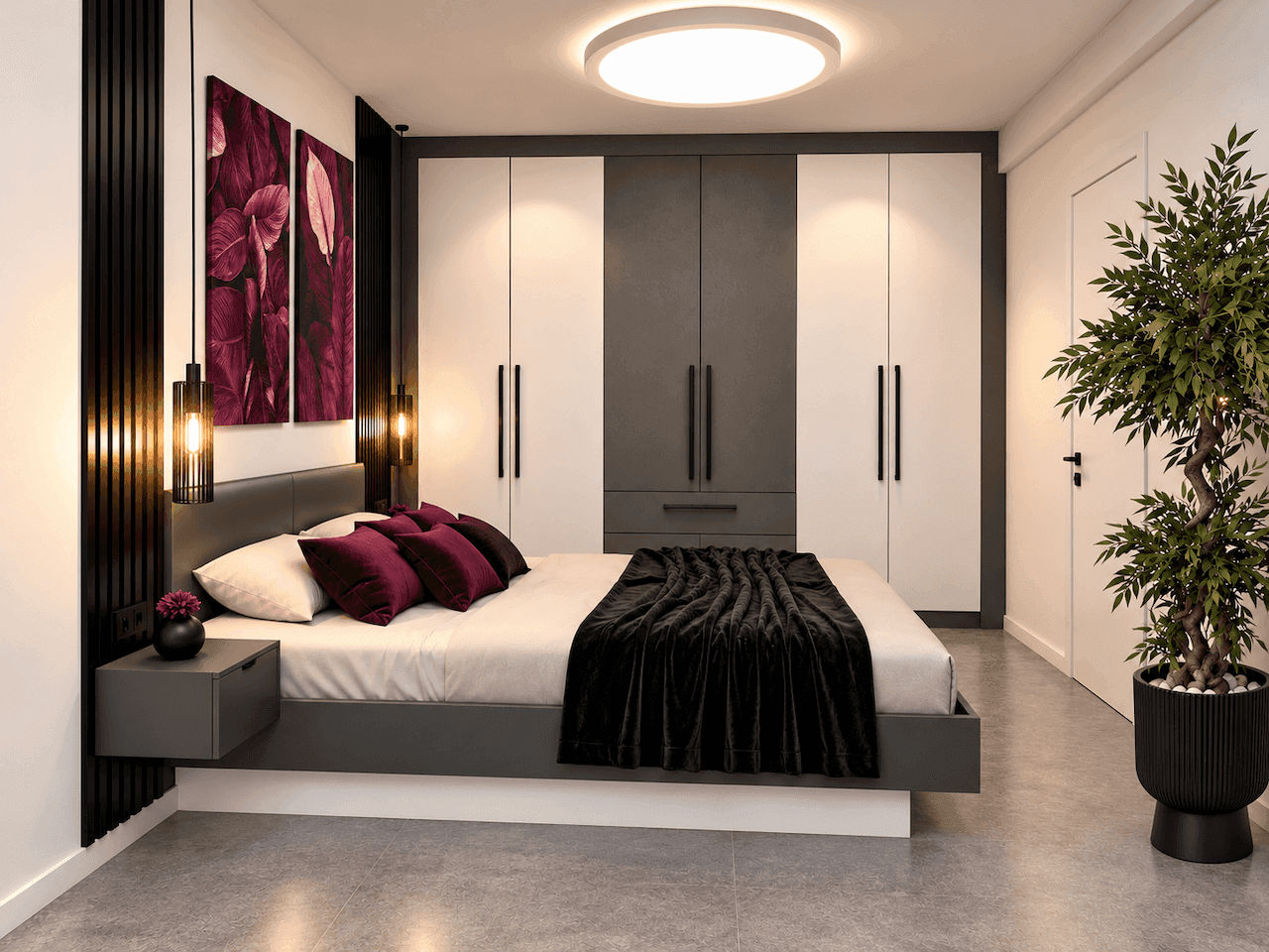 Modernes Schlafzimmer mit großem Bett, Einbauschränken und stilvoller Dekoration.