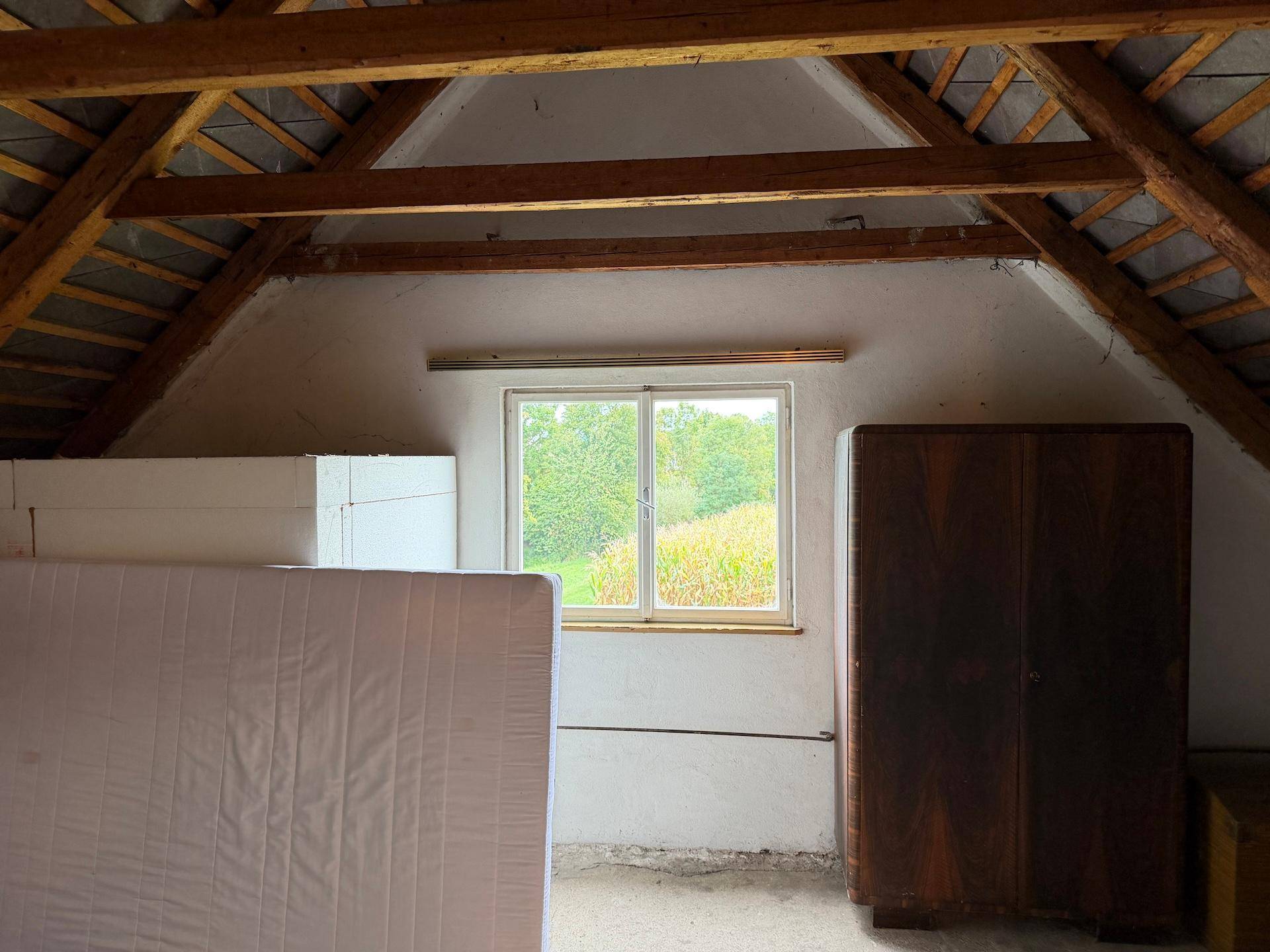 Dachboden mit sichtbaren Holzbalken und einem Fenster, das einen weiten Blick ins Grüne bietet.