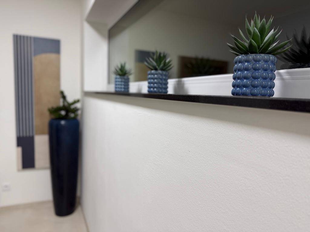 Heller Flur mit einem langen Fensterbrett, dekoriert mit blauen Pflanztöpfen und Sukkulenten.