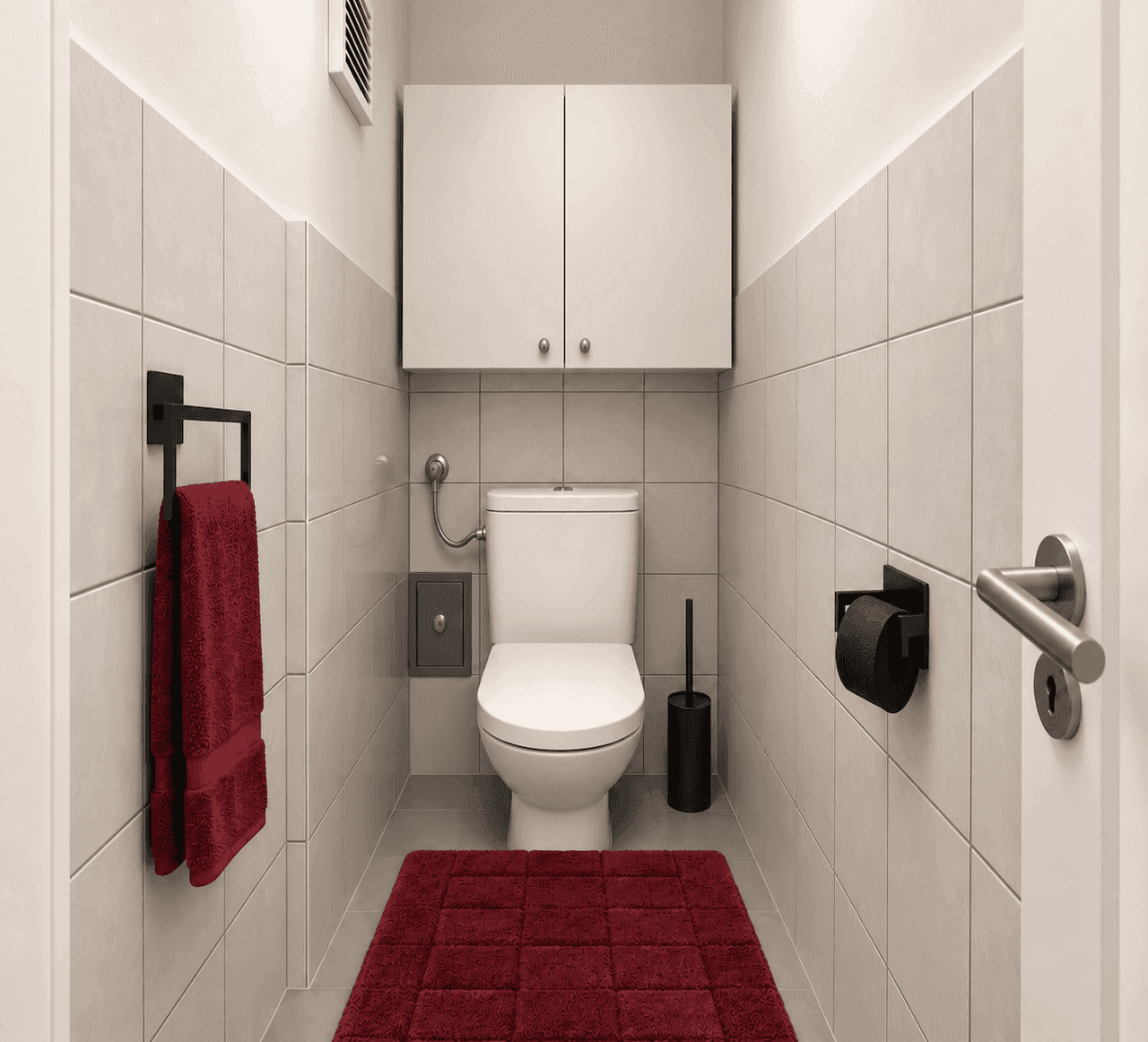 Separates WC mit Toilette, Spiegelschrank und modernen Fliesen.