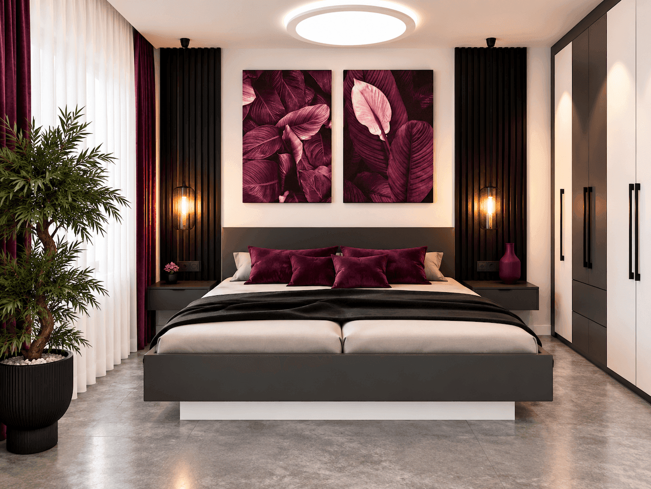Stilvolles Schlafzimmer mit Doppelbett, Nachttischen und dekorativen Wandbildern.
