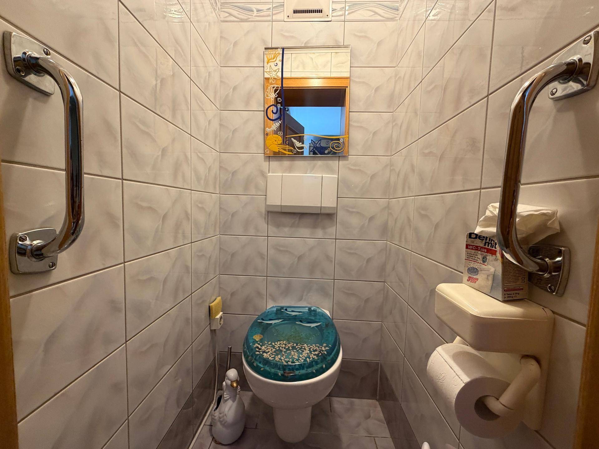 Kleines Gäste-WC mit Fliesen, Toilette und Haltegriffen für zusätzliche Sicherheit.