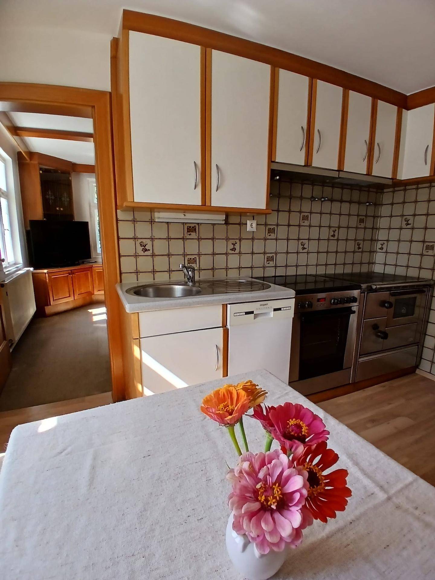 Funktionale Küche mit traditionellen Holzschränken und Blick in den angrenzenden Wohnbereich.