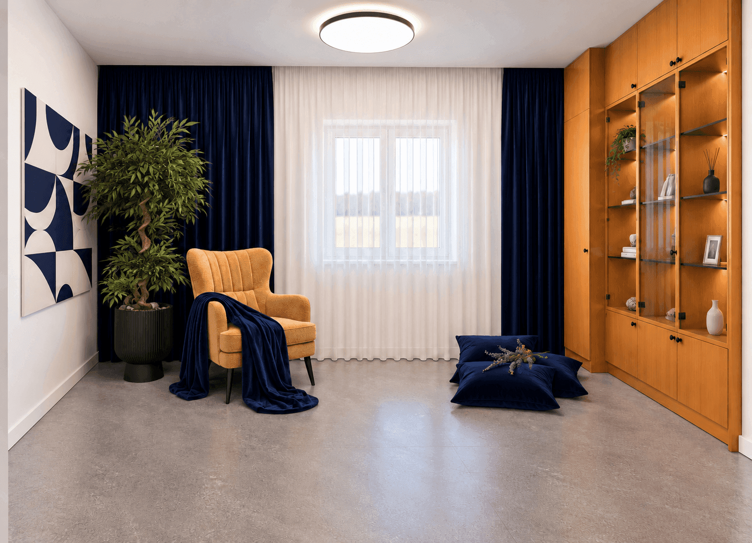 Heller Raum mit Holzeinbauschrank, gemütlichem Sessel und großen Fenstern.