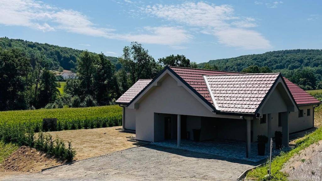 Neubau-Einfamilienhaus mit Carport und rotem Dach in einer grünen, ländlichen Landschaft.
