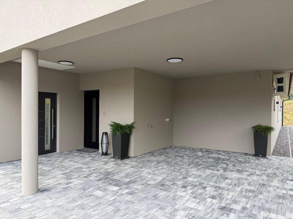 Geräumiger Carport-Bereich mit zwei Eingängen und dekorativen Pflanzen in Töpfen auf dem gepflasterten Boden.