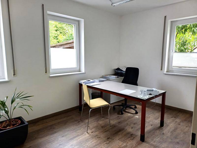Helles Einzelbüro mit zwei Fenstern, Schreibtisch und Blick auf die umliegende Natur.