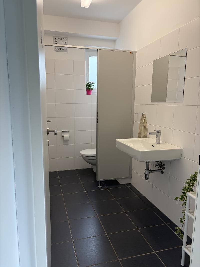Modernes Badezimmer mit Dusche, WC und Waschbecken, ausgestattet mit dunklen Bodenfliesen und weißen Wandfliesen.