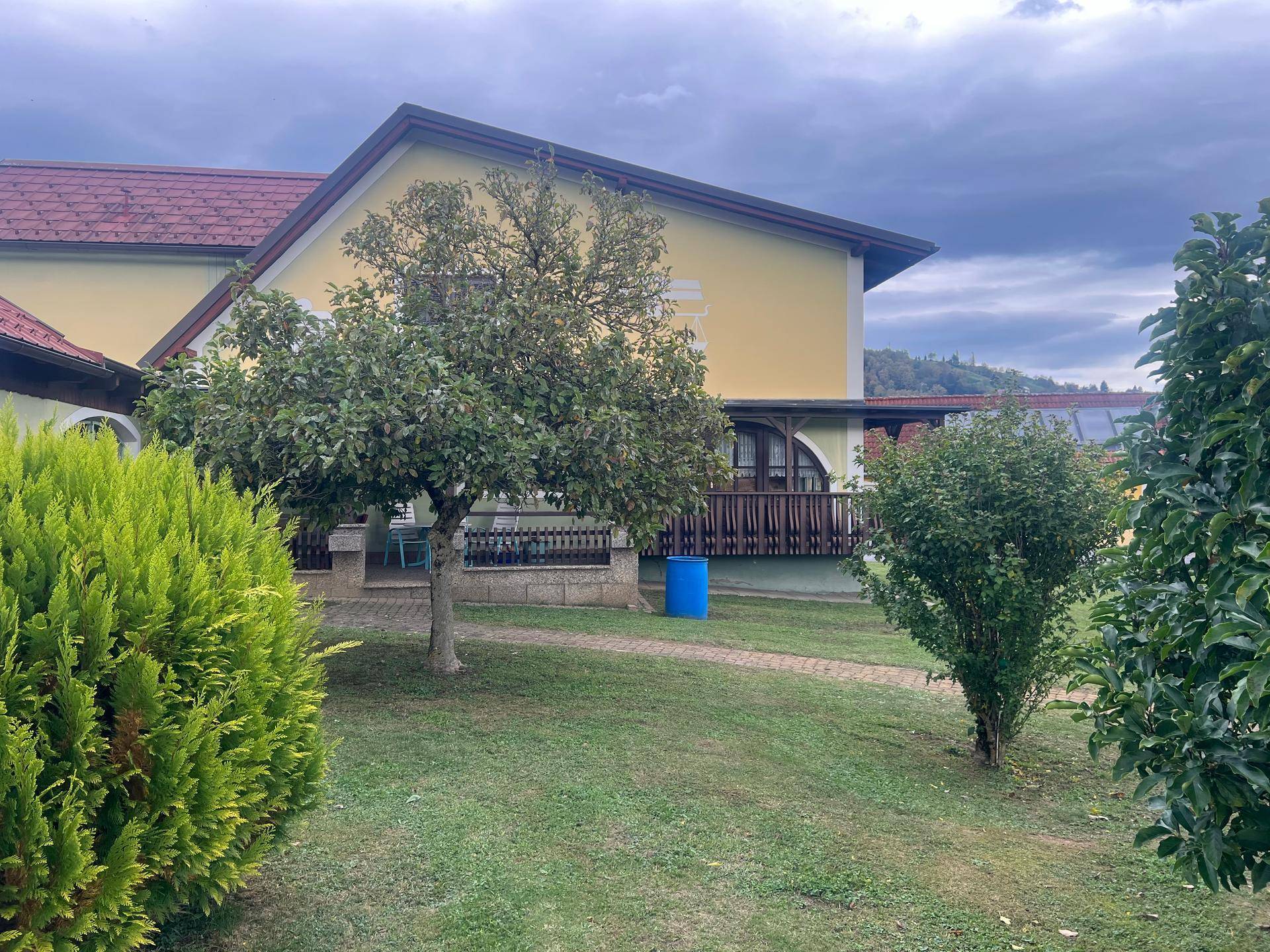 Seitenansicht des Hauses mit gepflegtem Garten, Rasenfläche und dekorativen Sträuchern.