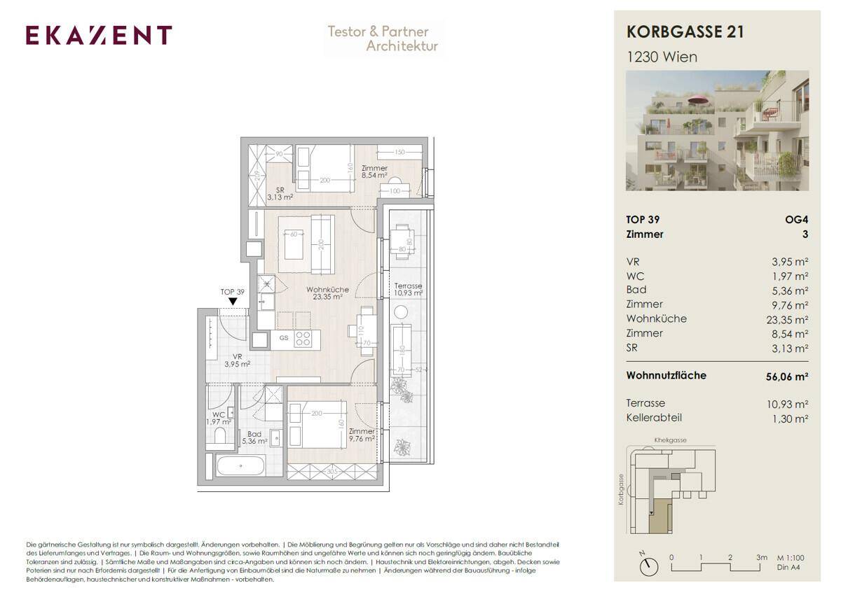 Detaillierter Grundriss einer Wohnung mit drei Zimmern, Terrasse und Kellerabteil.