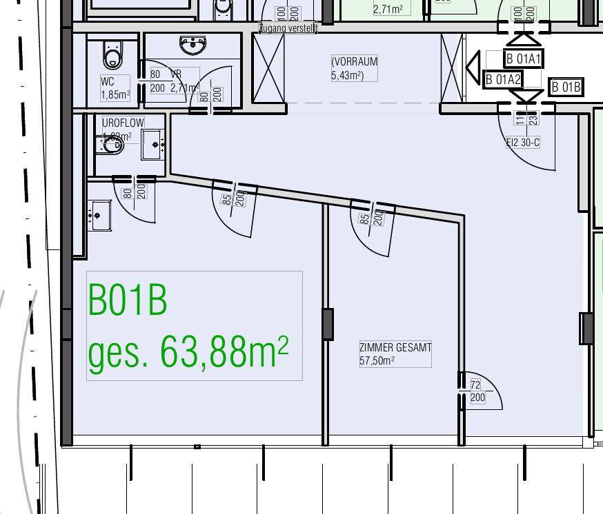 Grundriss zeigt eine Gewerbefläche von 63,88 m² mit WC, Urinal und Vorraum.