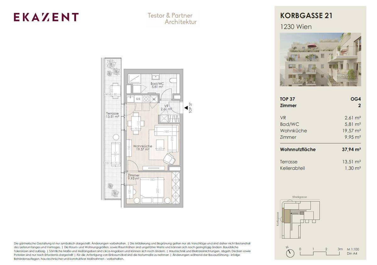 Detaillierter Grundriss einer Wohnung mit Terrasse, Schlafzimmer und offenem Wohnbereich.