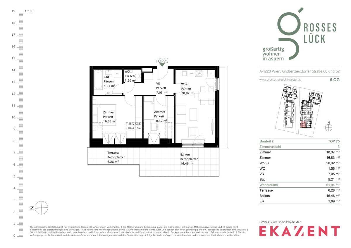 Grundriss der Wohnung TOP 75 mit Terrasse, Balkon und offenem Wohn-Essbereich.