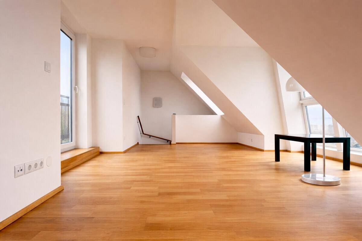 Geräumiger, heller Raum mit Holzboden und Zugang zu einem französischen Balkon.