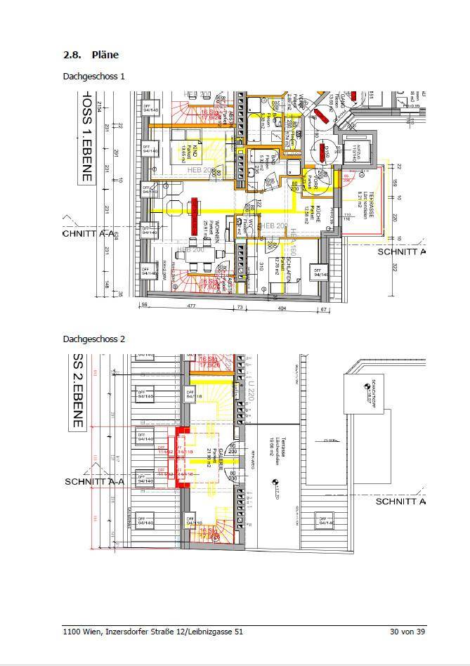 Grundrisspläne für zwei Dachgeschossebenen mit Raumaufteilung und Maßen.