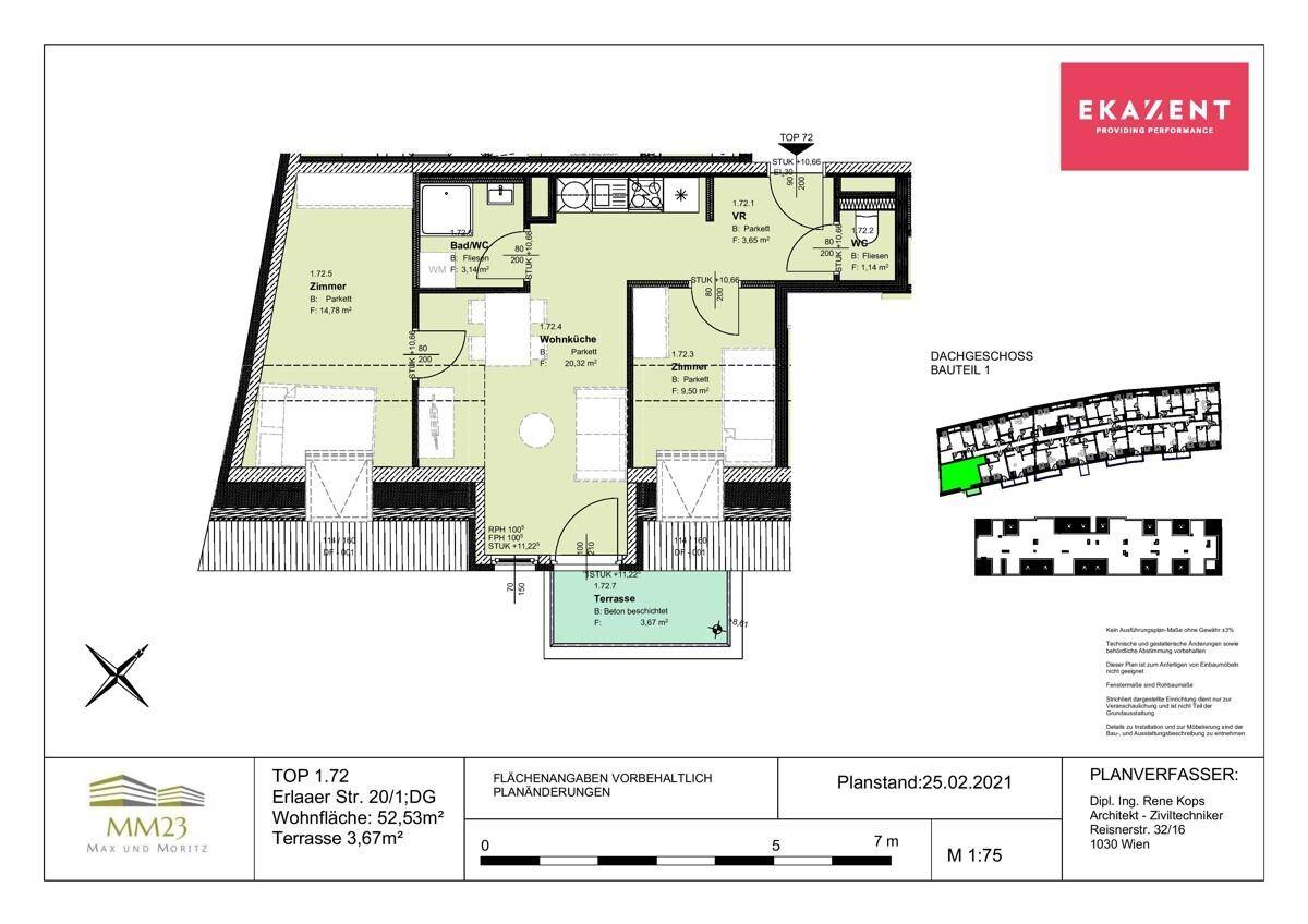 Detaillierter Grundriss einer Wohnung mit Wohnküche, Schlafzimmer, Bad und einer Terrasse.