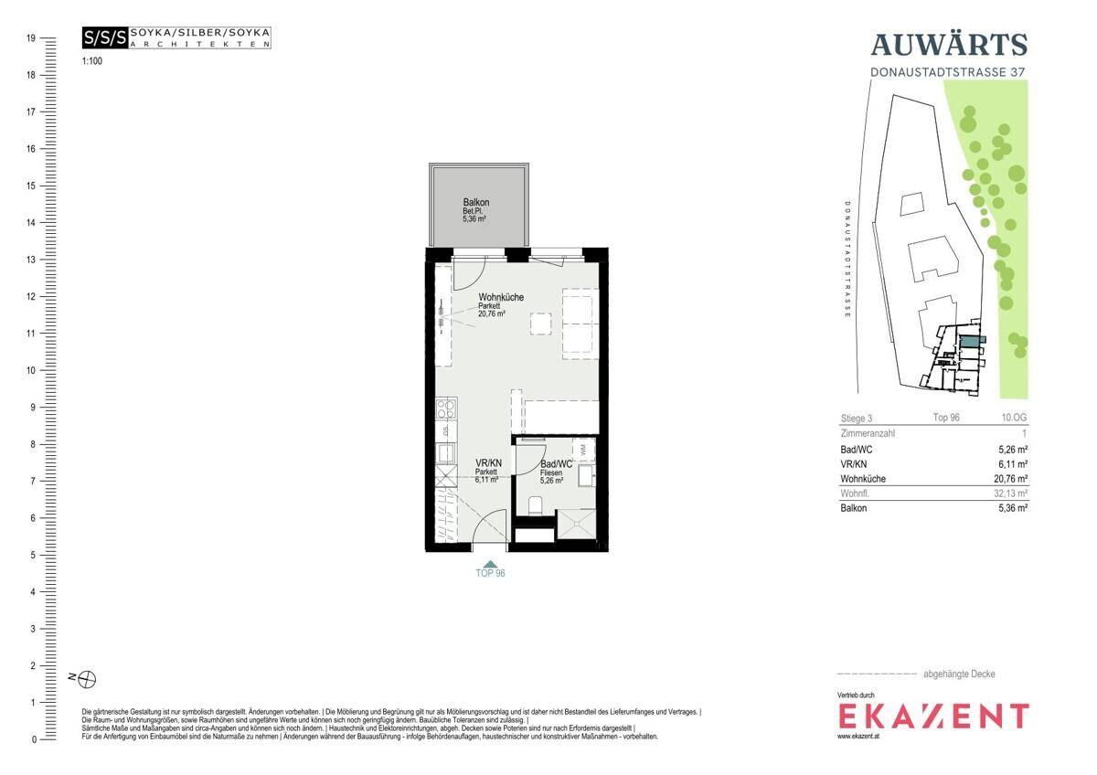 Grundriss einer Wohnung mit Wohnküche, Bad und Balkon, inklusive Flächenangaben.