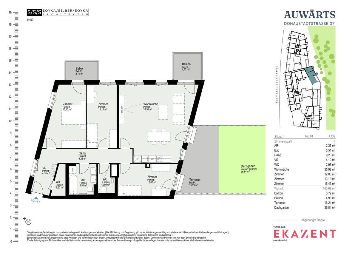 Grundriss einer Wohnung mit drei Zimmern, Balkon, Terrasse und Dachgarten.
