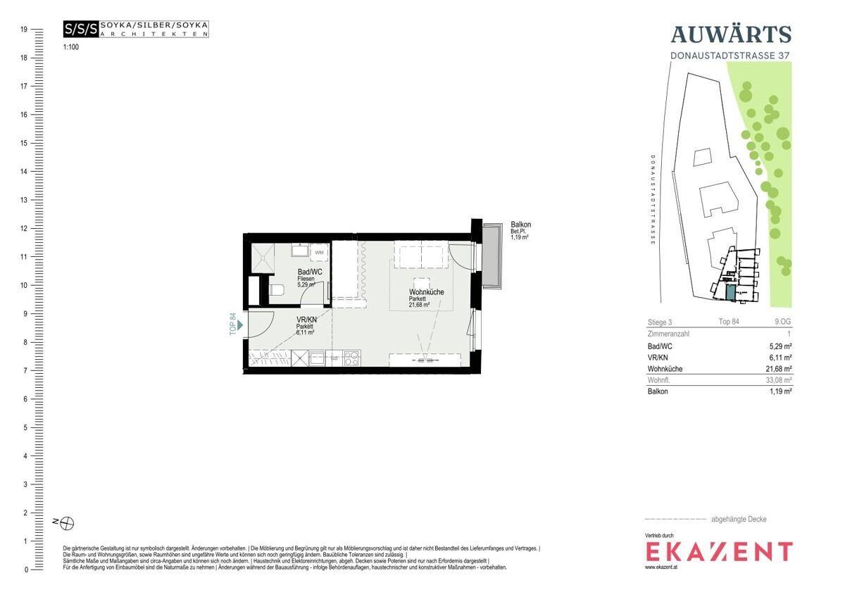 Grundriss einer Wohnung mit Bad/WC, Wohnküche und Balkon, inklusive Flächenangaben.
