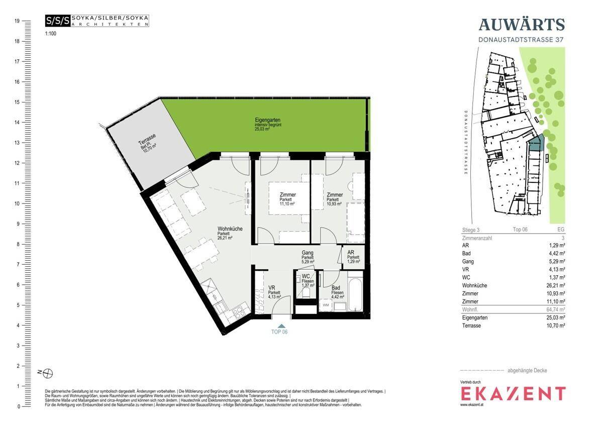 Grundriss einer Erdgeschosswohnung mit Wohnküche, zwei Zimmern, Bad, WC, Eigengarten und Terrasse.