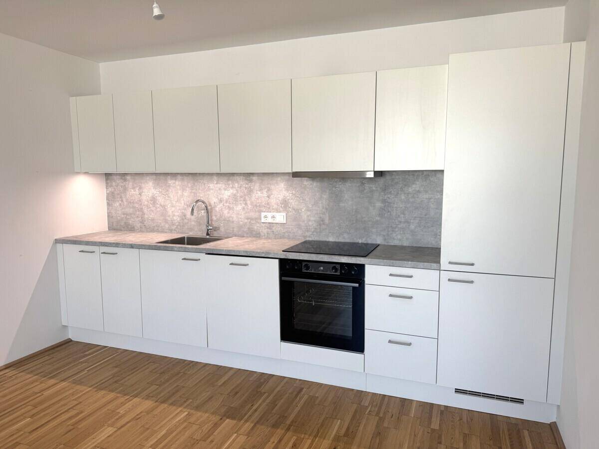 Detailansicht der modernen weißen Einbauküche mit Induktionskochfeld, Backofen und Spüle.