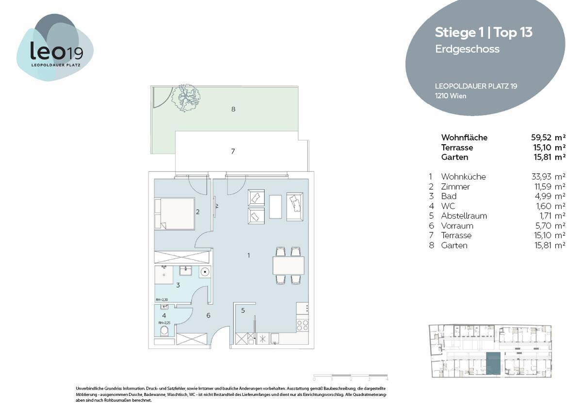Detaillierter Grundriss einer Erdgeschosswohnung mit Wohnküche, Terrasse und Garten.