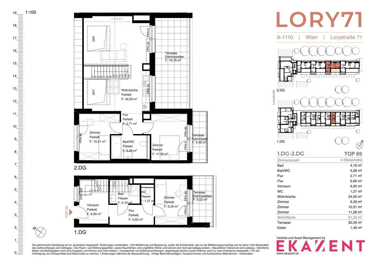 Detaillierter Grundriss einer Maisonette-Wohnung mit mehreren Terrassen.