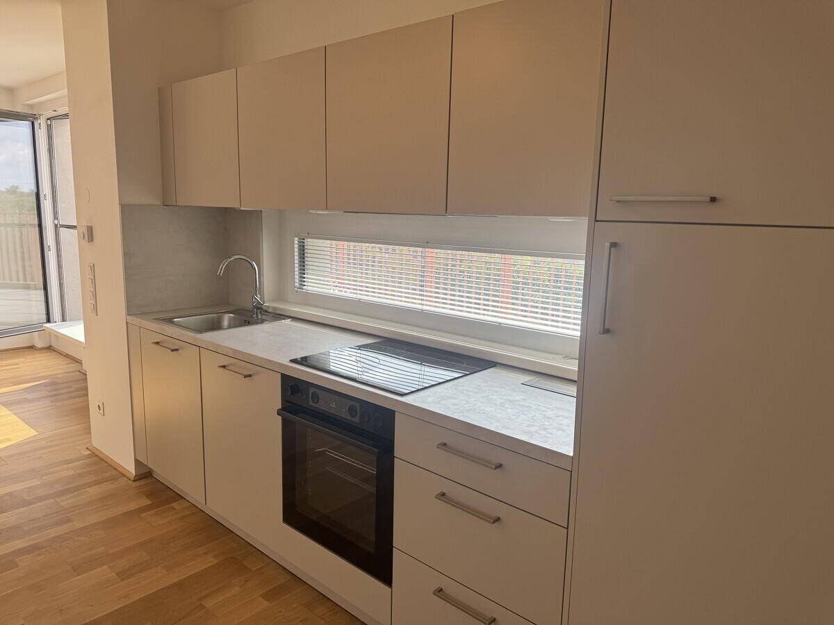 Moderne Küchenzeile mit weißen Schränken, Induktionskochfeld und Backofen.