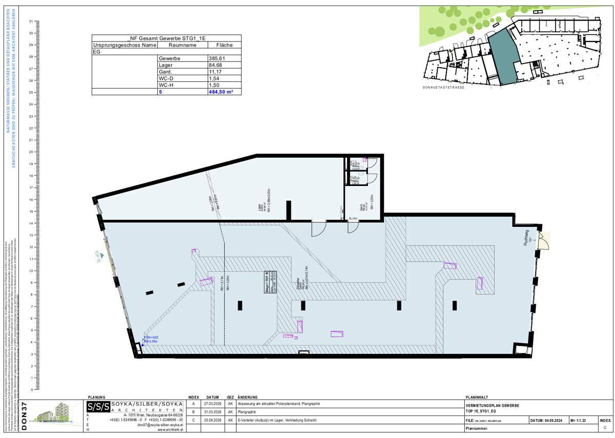 Grundrissplan für eine Gewerbefläche mit detaillierter Flächenaufteilung und mehreren Toilettenbereichen.